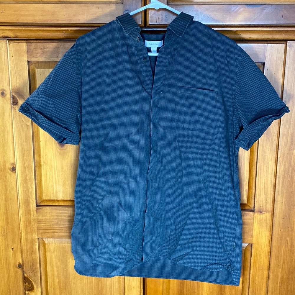 Calvin Klein Mens Button Down Plaid Blue Short Sleeve Shirt